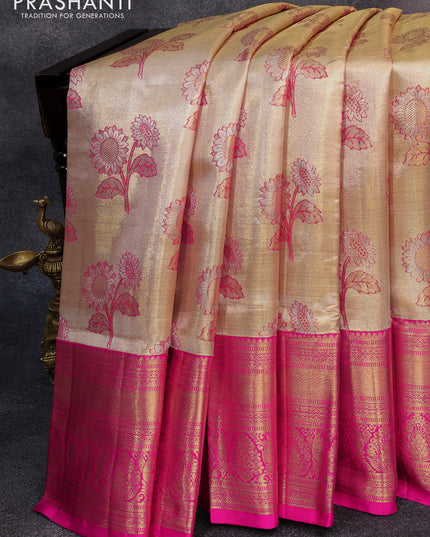 Pure kanjivaram tissue silk saree cream and pink with allover floral zari woven buttas and long rich zari woven border