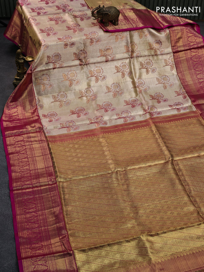 Pure kanjivaram tissue silk saree cream and pink with allover floral zari woven buttas and long rich zari woven border