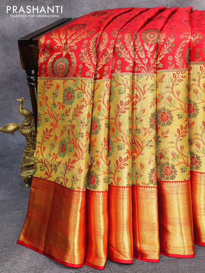 Pure kanjivaram silk saree red with allover thread & zari woven floral weaves and floral design zari woven border