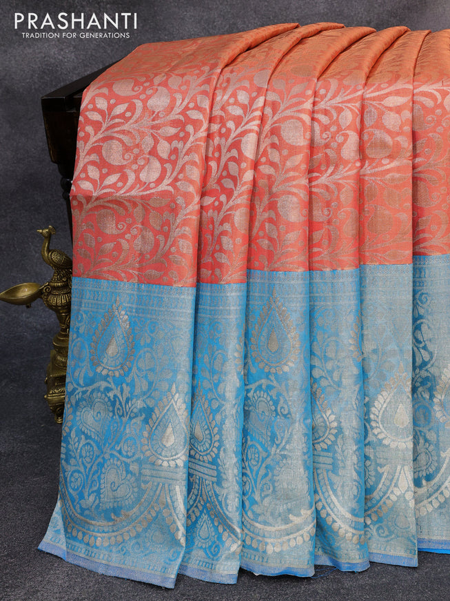 Pure kanjivaram tissue silk saree peach shade and light blue with allover silver zari woven brocade weaves and long rich silver zari woven border
