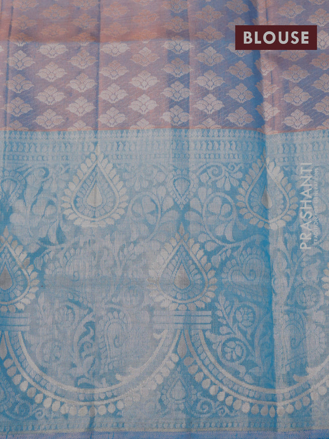 Pure kanjivaram tissue silk saree peach shade and light blue with allover silver zari woven brocade weaves and long rich silver zari woven border