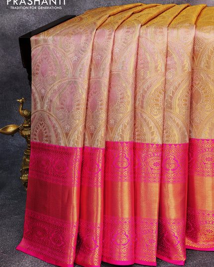 Pure kanjivaram tissue silk saree dual shade of cream and pink with allover zari woven brocade weaves and long rich zari woven border