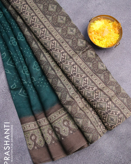 Semi linen saree peacock green and grey shade with allover bandhani prints and ajrakh printed pallu