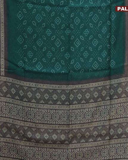 Semi linen saree peacock green and grey shade with allover bandhani prints and ajrakh printed pallu