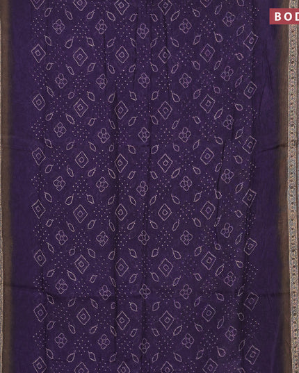 Semi linen saree deep violet and grey shade with allover bandhani prints and ajrakh printed pallu