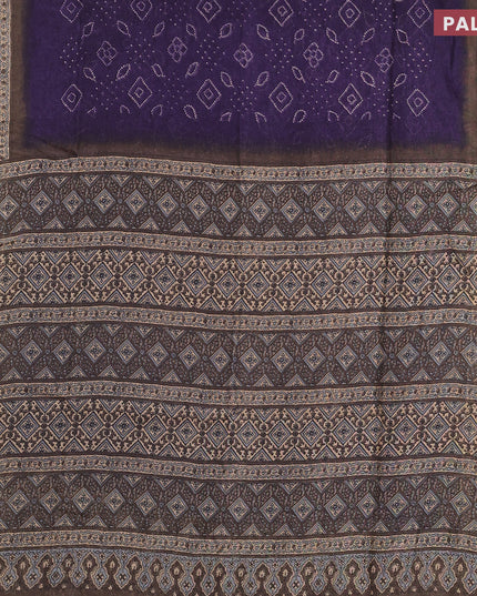 Semi linen saree deep violet and grey shade with allover bandhani prints and ajrakh printed pallu
