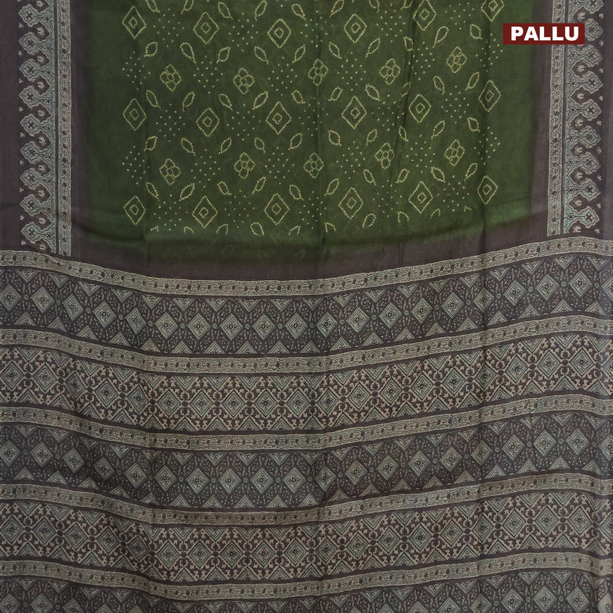 Semi linen saree sap green and grey shade with allover bandhani prints and ajrakh printed pallu