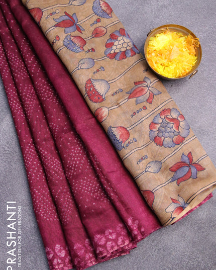 Semi linen saree purple and dark sandal with allover bandhani prints and kalamkari printed pallu