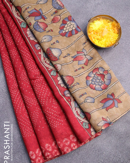 Semi linen saree maroon and dark sandal with allover bandhani prints and kalamkari printed pallu