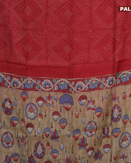 Semi linen saree maroon and dark sandal with allover bandhani prints and kalamkari printed pallu