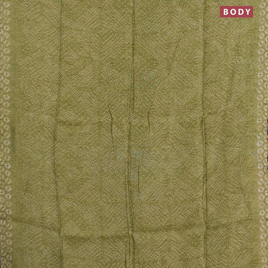 Semi linen saree light green and dark sandal with allover bandhani prints and kalamkari printed pallu