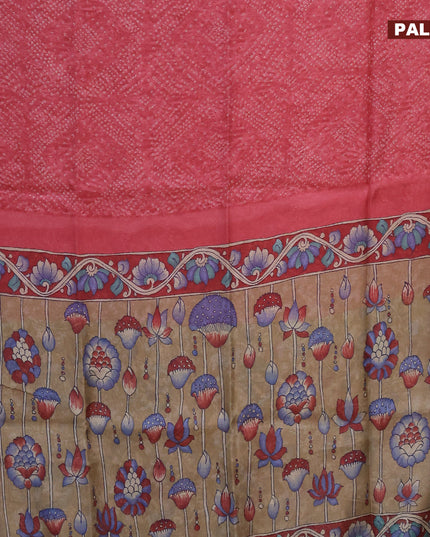 Semi linen saree red shade and dark sandal with allover bandhani prints and kalamkari printed pallu