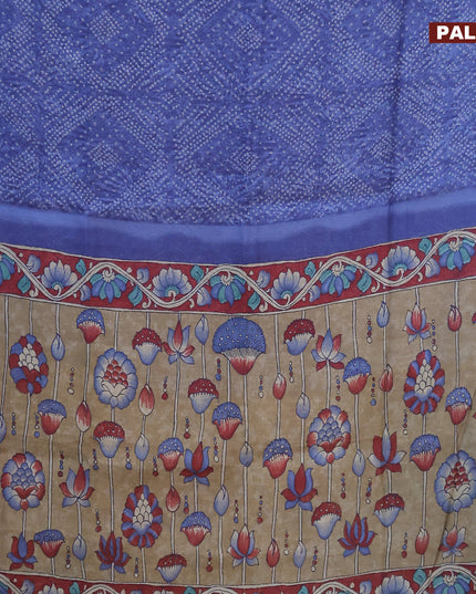 Semi linen saree blue and dark sandal with allover bandhani prints and kalamkari printed pallu