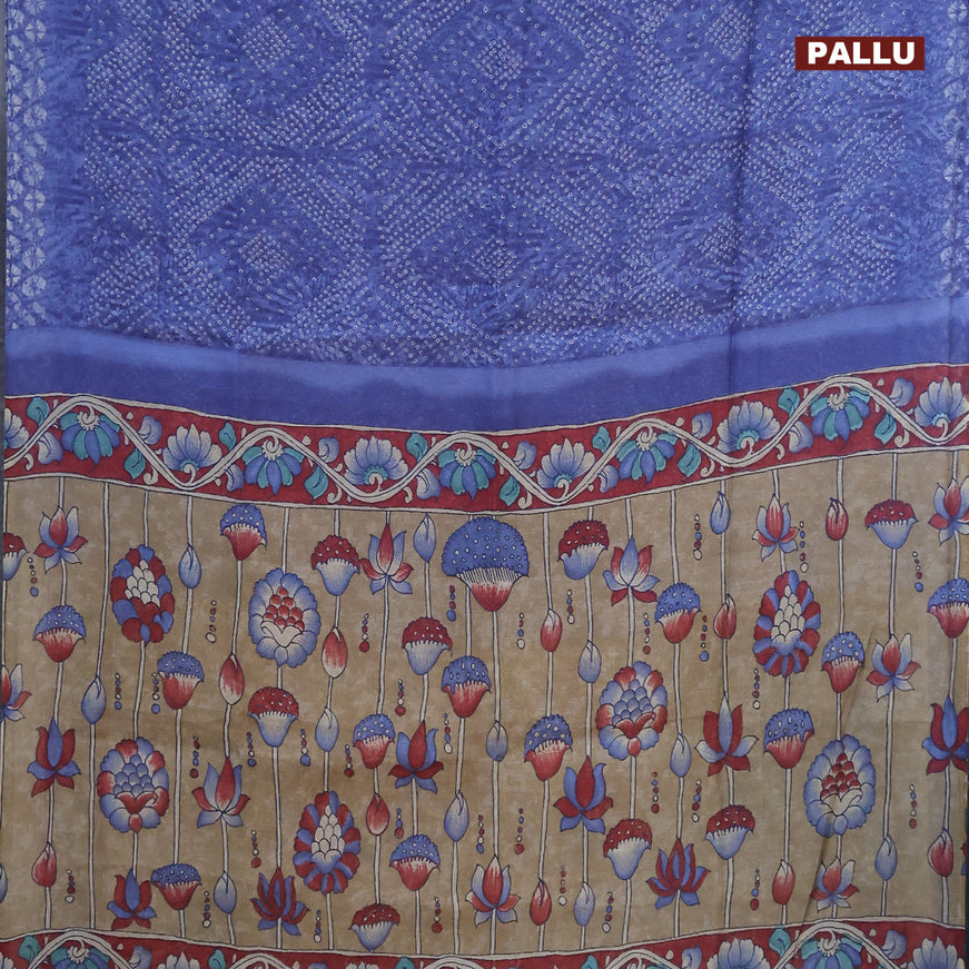 Semi linen saree blue and dark sandal with allover bandhani prints and kalamkari printed pallu