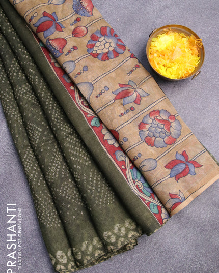 Semi linen saree sap green and dark sandal with allover bandhani prints and kalamkari printed pallu