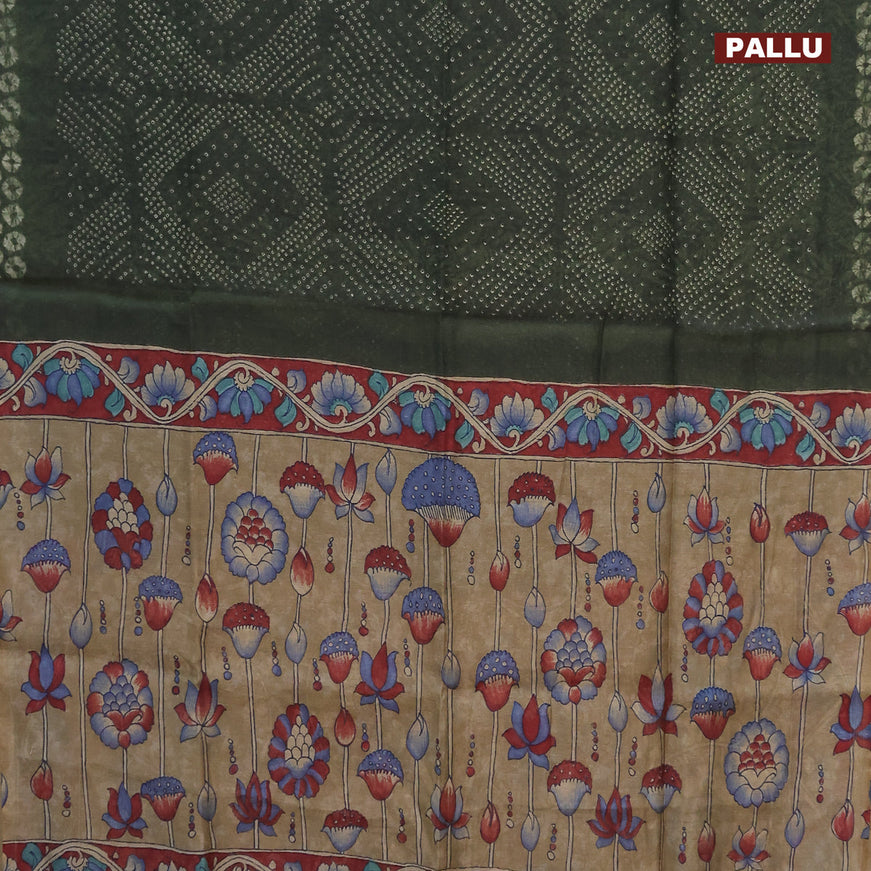 Semi linen saree sap green and dark sandal with allover bandhani prints and kalamkari printed pallu