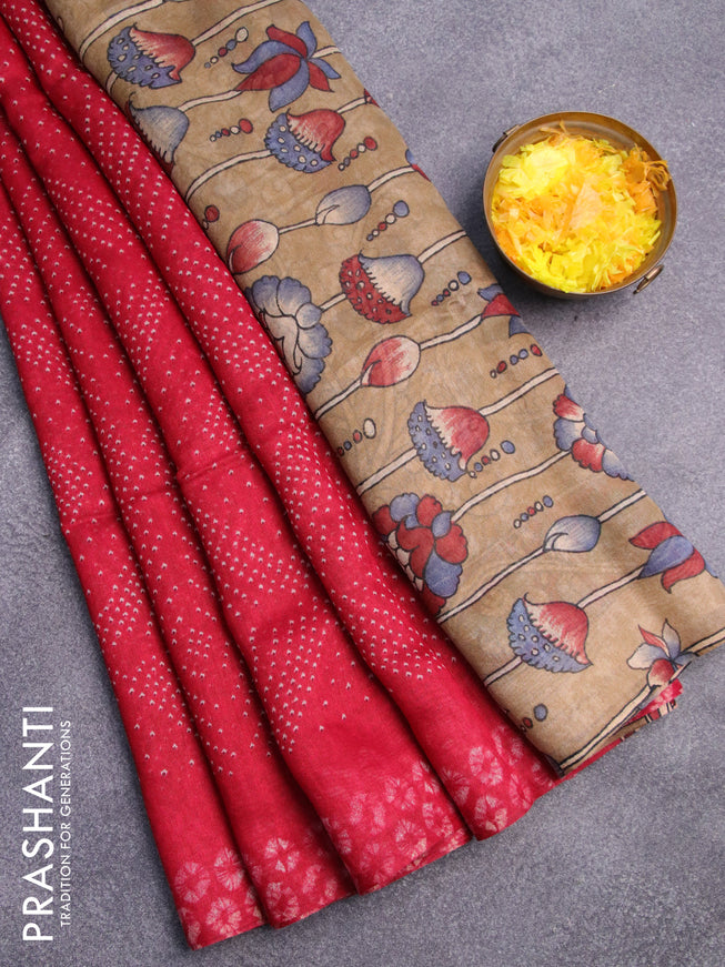 Semi linen saree red and dark sandal with allover bandhani prints and kalamkari printed pallu