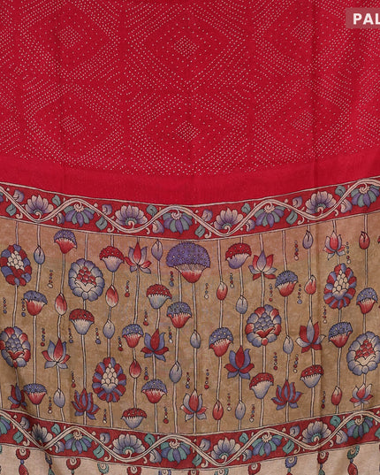 Semi linen saree red and dark sandal with allover bandhani prints and kalamkari printed pallu