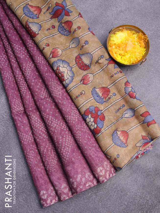 Semi linen saree mild purple and dark sandal with allover bandhani prints and kalamkari printed pallu