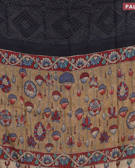 Semi linen saree black and dark sandal with allover bandhani prints and kalamkari printed pallu