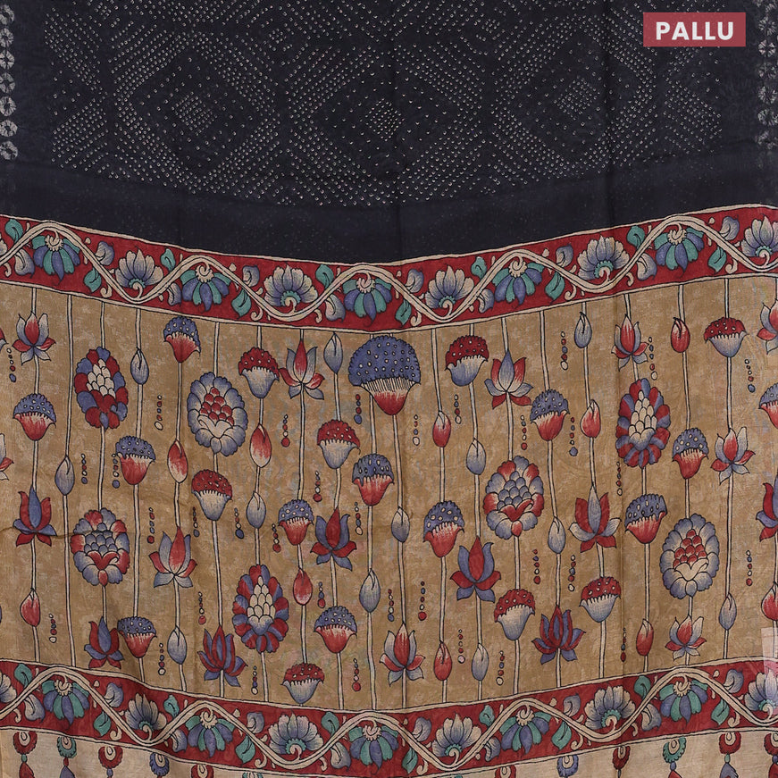 Semi linen saree black and dark sandal with allover bandhani prints and kalamkari printed pallu