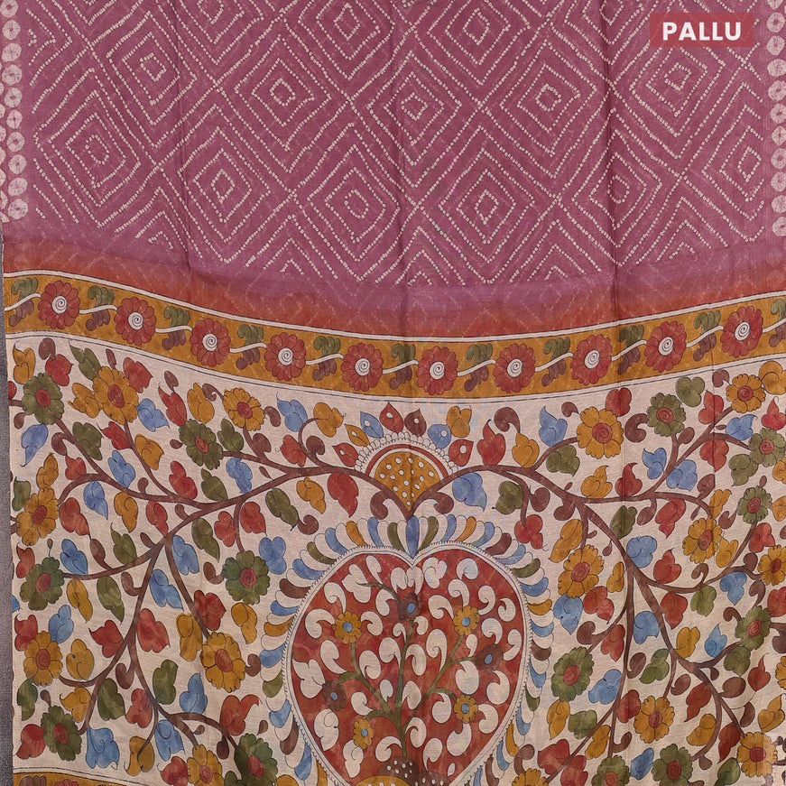 Semi linen saree mauve pink and cream with allover bandhani prints and kalamkari printed pallu