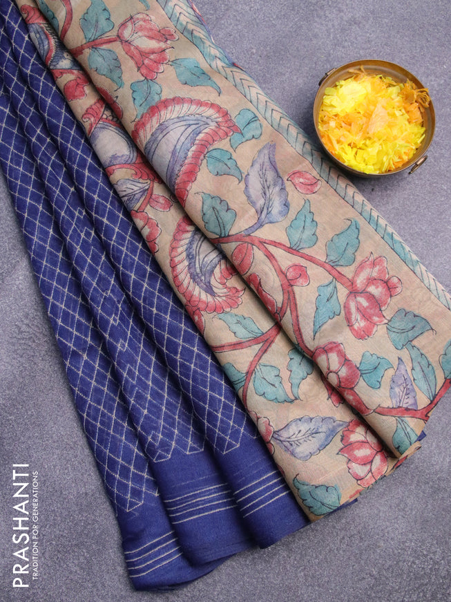 Semi linen saree blue and dark sandal with allover prints and kalamkari printed pallu