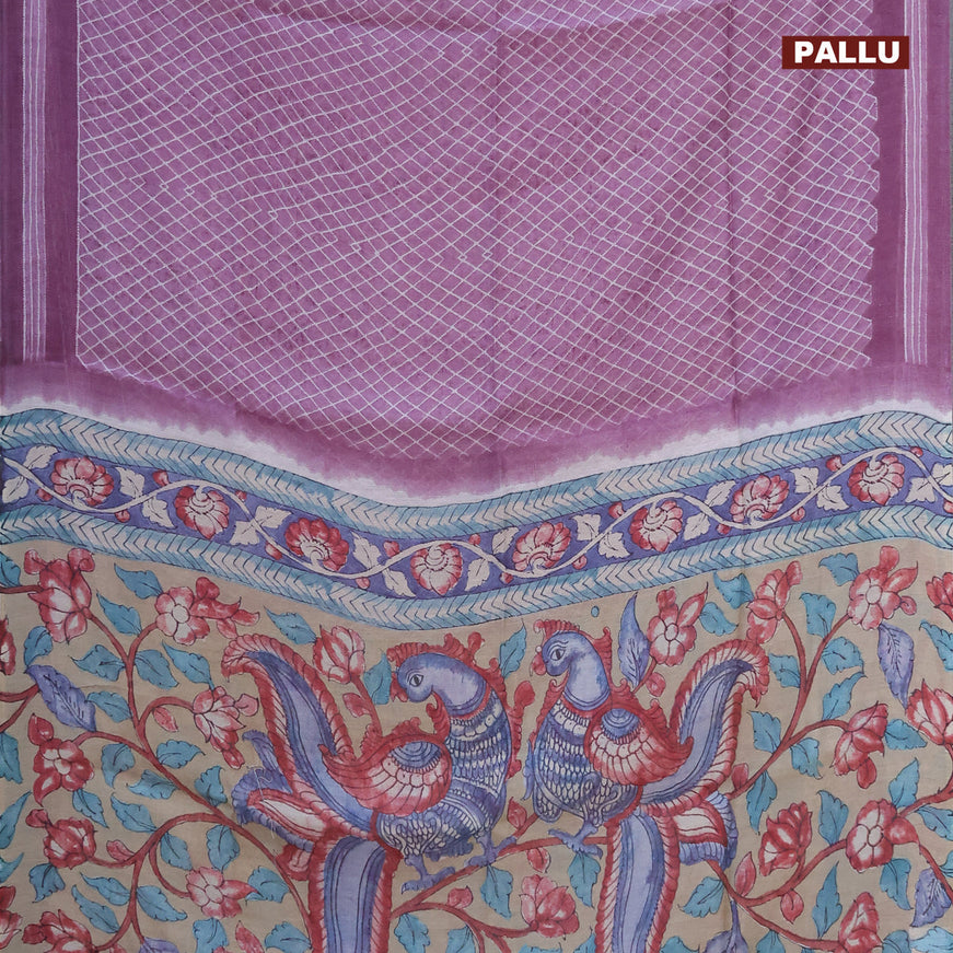 Semi linen saree mild purple and dark sandal with allover prints and kalamkari printed pallu