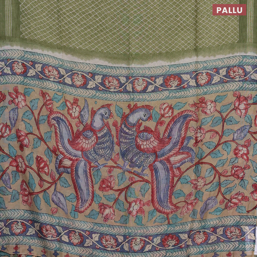 Semi linen saree pastel green and dark sandal with allover prints and kalamkari printed pallu