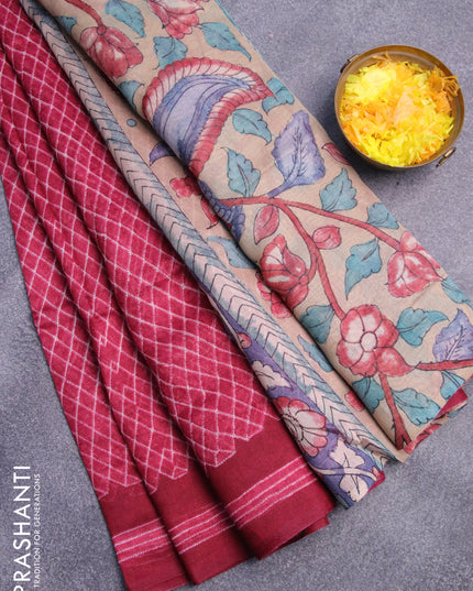 Semi linen saree dark pink and dark sandal with allover prints and kalamkari printed pallu