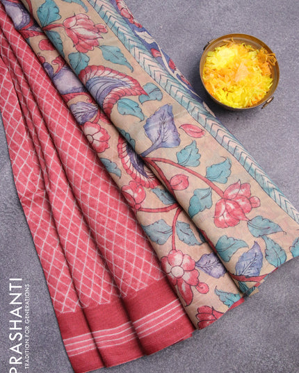 Semi linen saree red shade and dark sandal with allover prints and kalamkari printed pallu