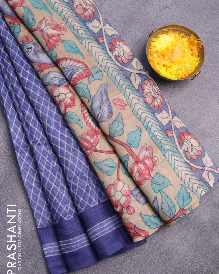 Semi linen saree blue and dark sandal with allover prints and kalamkari printed pallu