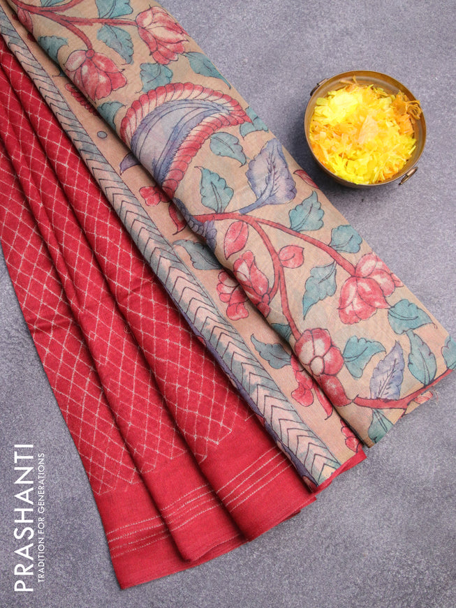 Semi linen saree red and dark sandal with allover prints and kalamkari printed pallu