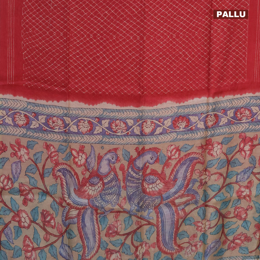 Semi linen saree red and dark sandal with allover prints and kalamkari printed pallu