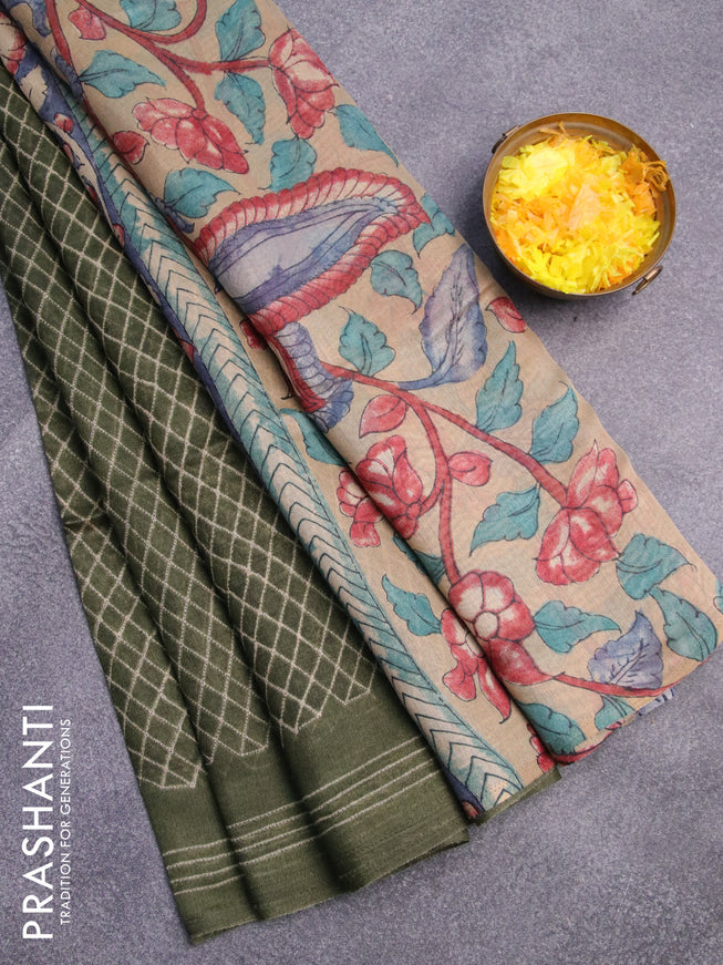 Semi linen saree sap green and dark sandal with allover prints and kalamkari printed pallu