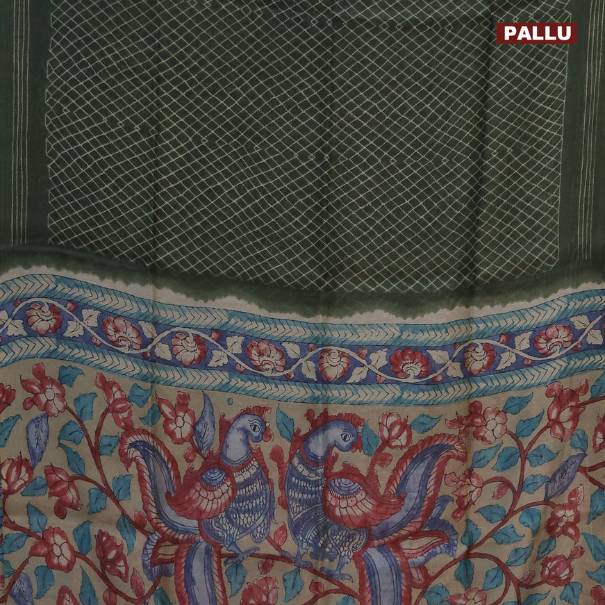 Semi linen saree sap green and dark sandal with allover prints and kalamkari printed pallu