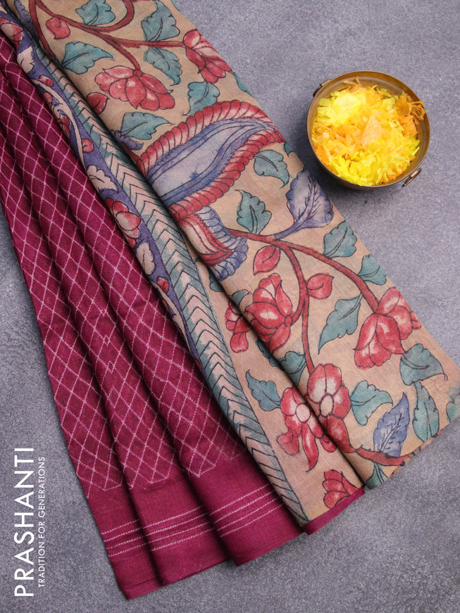 Semi linen saree dark magenta pink and dark sandal with allover prints and kalamkari printed pallu