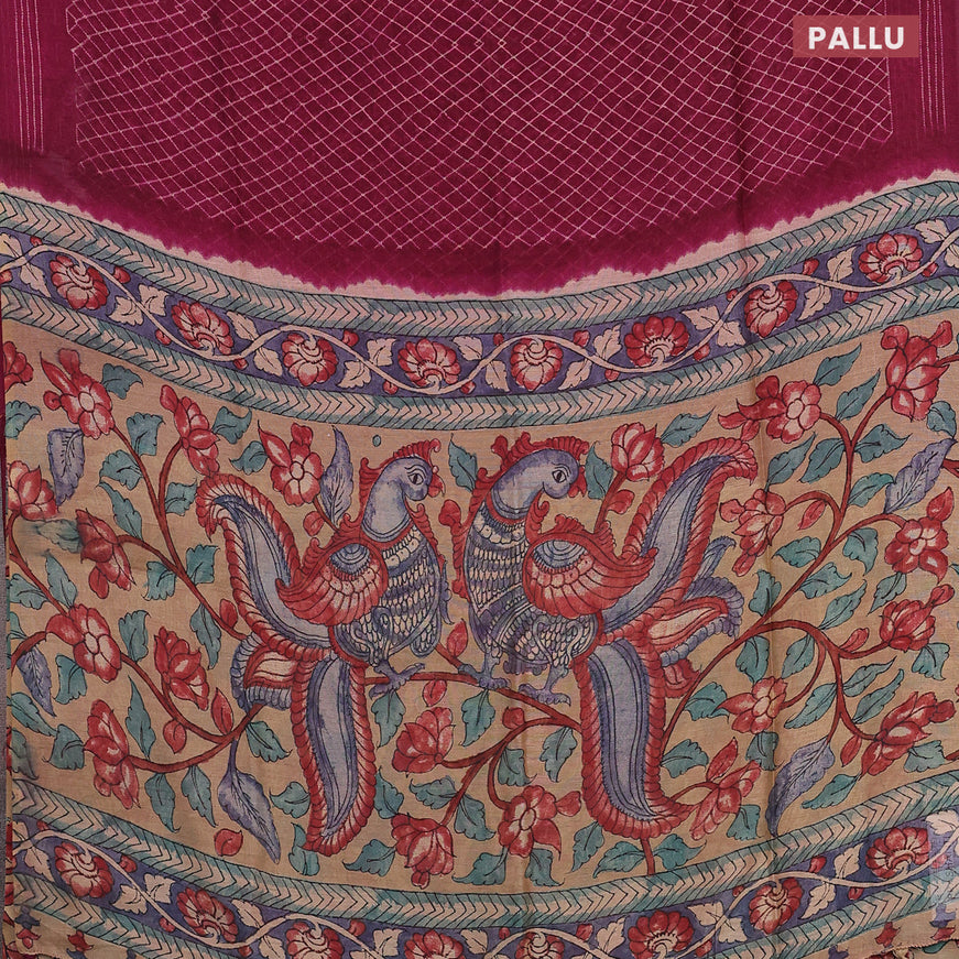 Semi linen saree dark magenta pink and dark sandal with allover prints and kalamkari printed pallu