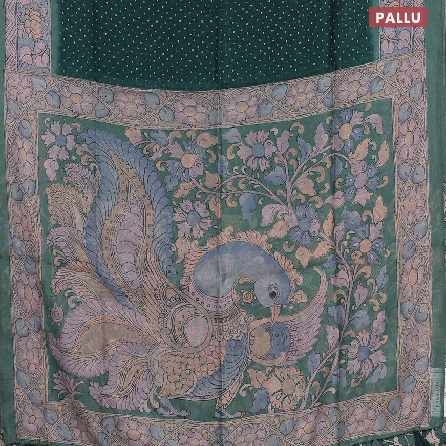 Semi linen saree green with allover bandhani prints and kalamkari printed pallu