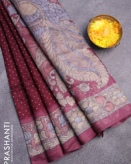 Semi linen saree deep maroon and beige with allover bandhani prints and kalamkari printed pallu