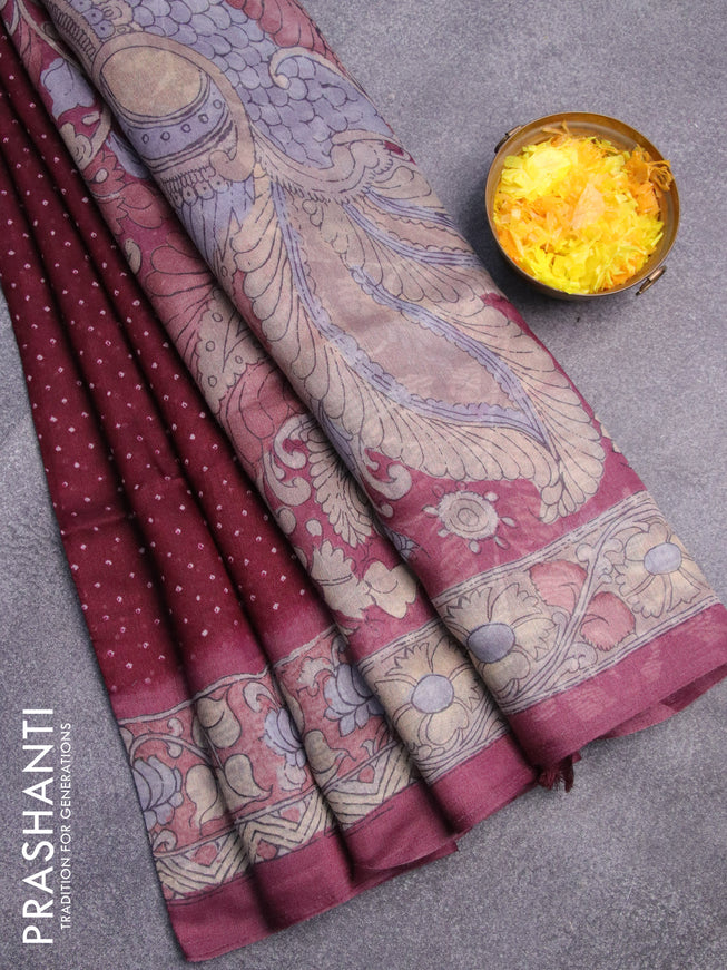 Semi linen saree deep maroon and beige with allover bandhani prints and kalamkari printed pallu