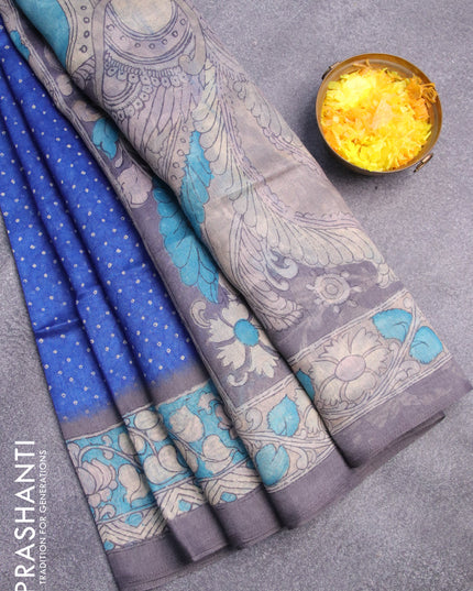 Semi linen saree royal blue and beige grey with allover bandhani prints and kalamkari printed pallu