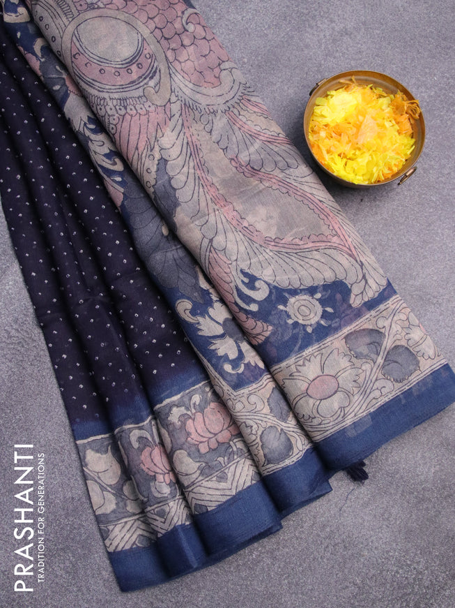 Semi linen saree navy blue and peacock blue with allover bandhani prints and kalamkari printed pallu