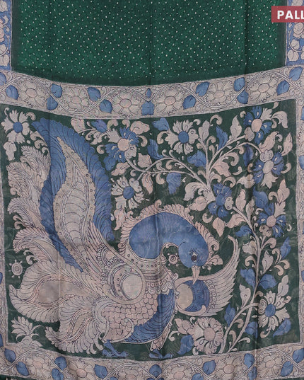 Semi linen saree green and beige with allover bandhani prints and kalamkari printed pallu