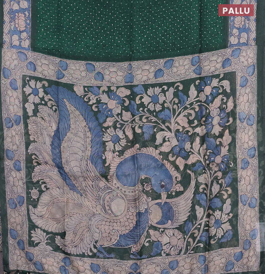 Semi linen saree green and beige with allover bandhani prints and kalamkari printed pallu