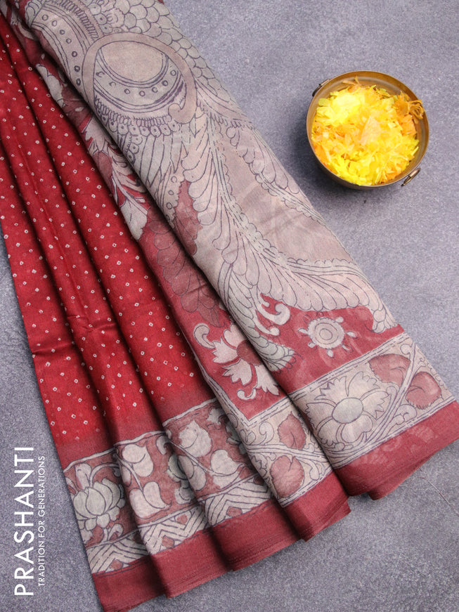 Semi linen saree maroon and dark maroon with allover bandhani prints and kalamkari printed pallu