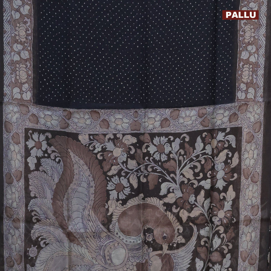 Semi linen saree black and brown shade with allover bandhani prints and kalamkari printed pallu