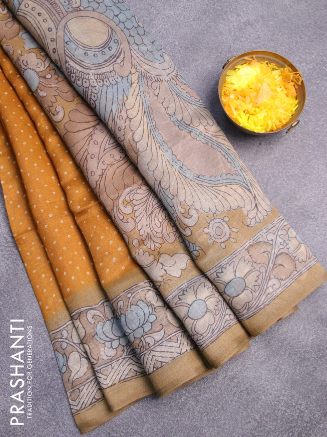 Semi linen saree dark mustard yellow and beige with allover bandhani prints and kalamkari printed pallu