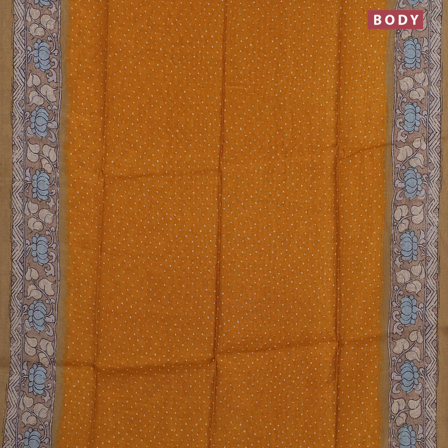 Semi linen saree dark mustard yellow and beige with allover bandhani prints and kalamkari printed pallu