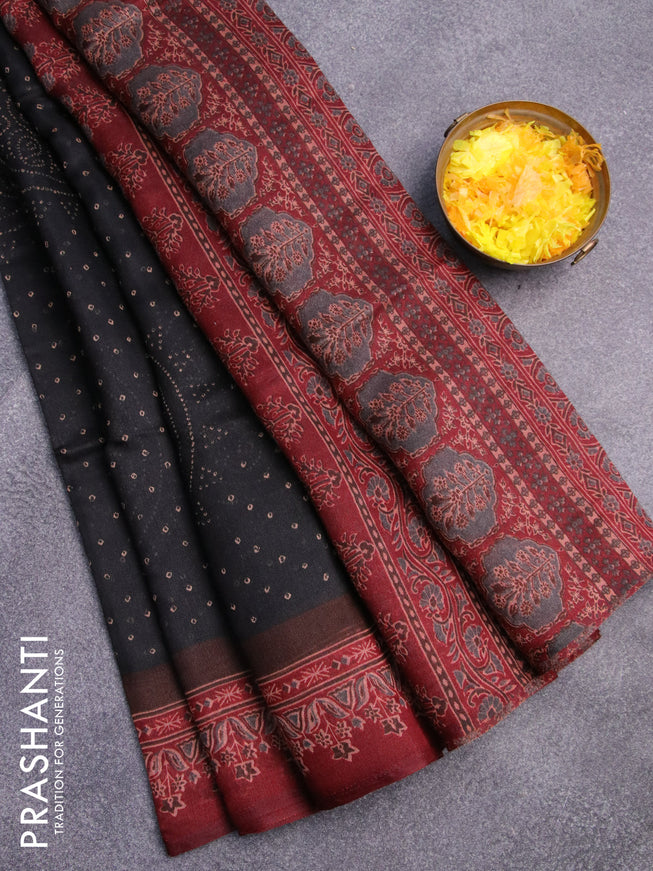 Semi linen saree black and maroon with allover bandhani prints and ajrakh printed pallu
